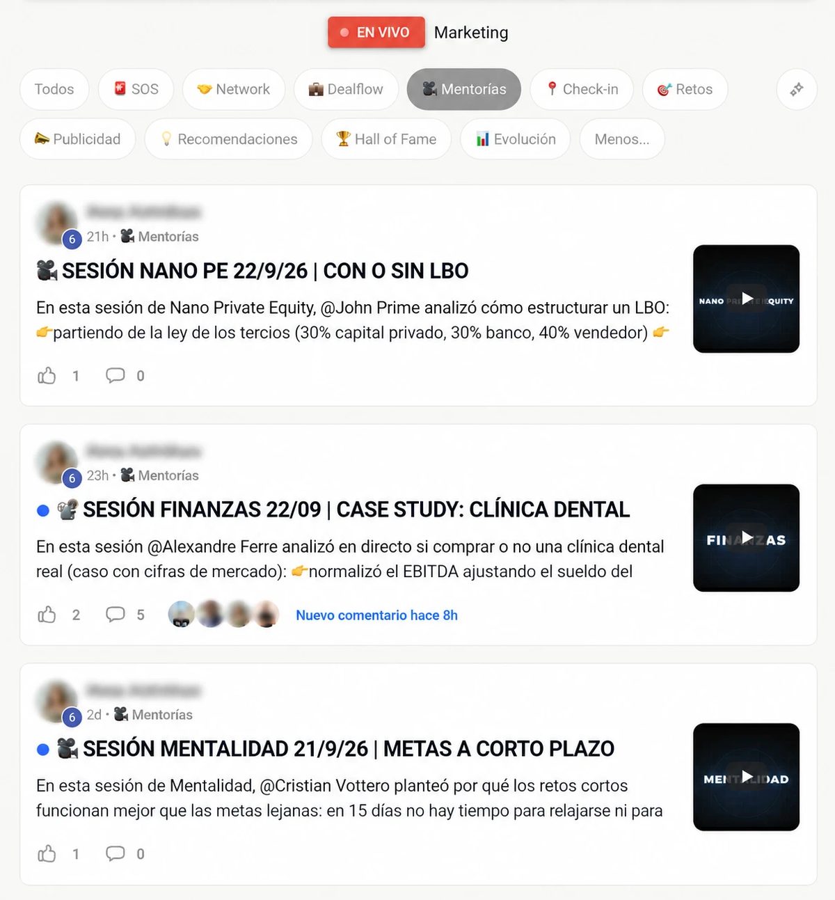 Feed de sesiones en directo del programa